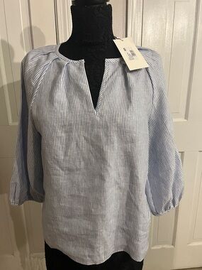 ANN MASHBURN Blue and White Striped Split-Neck Blouse